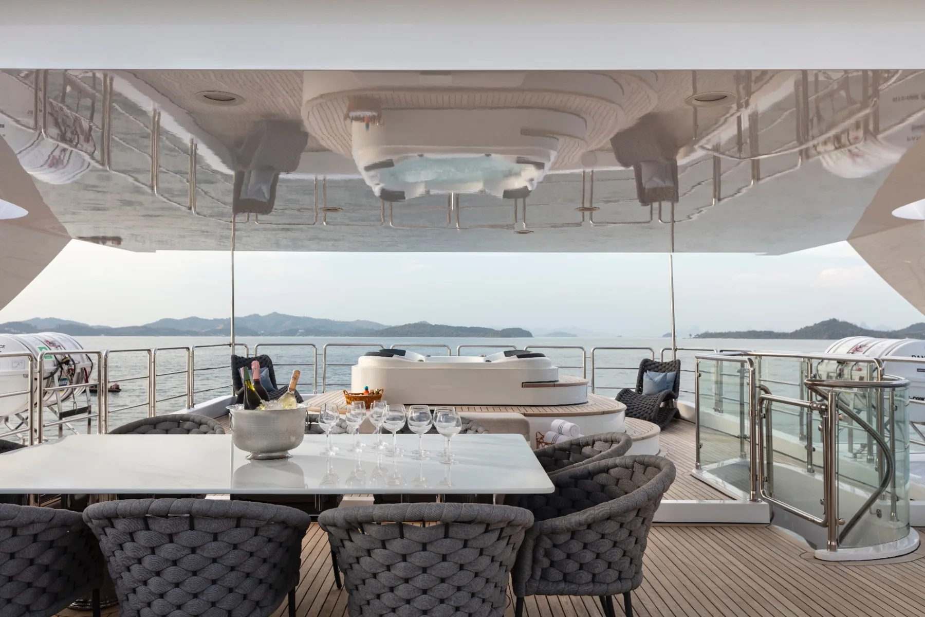 Sun deck with jacuzzi and Andaman Sea views aboard Panakeia superyacht