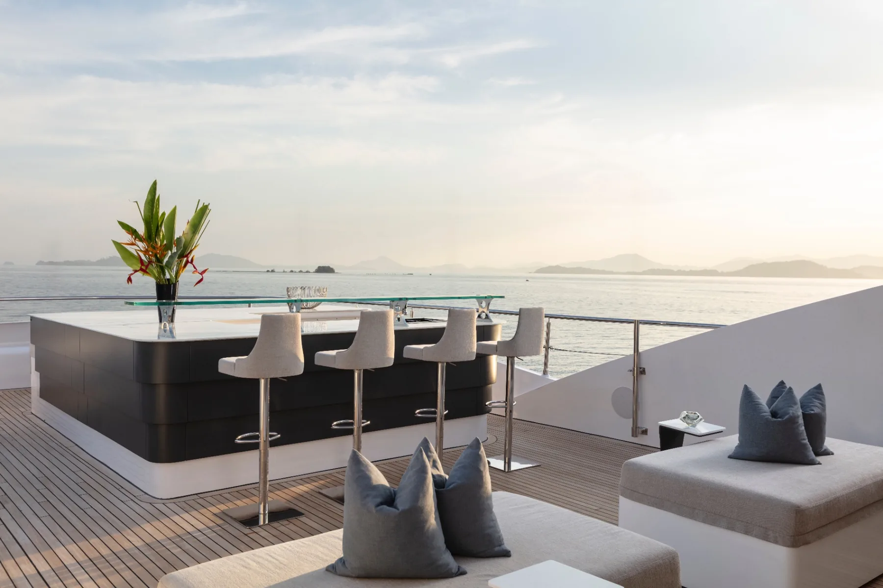 Sun deck bar with Andaman sunset aboard Panakeia superyacht